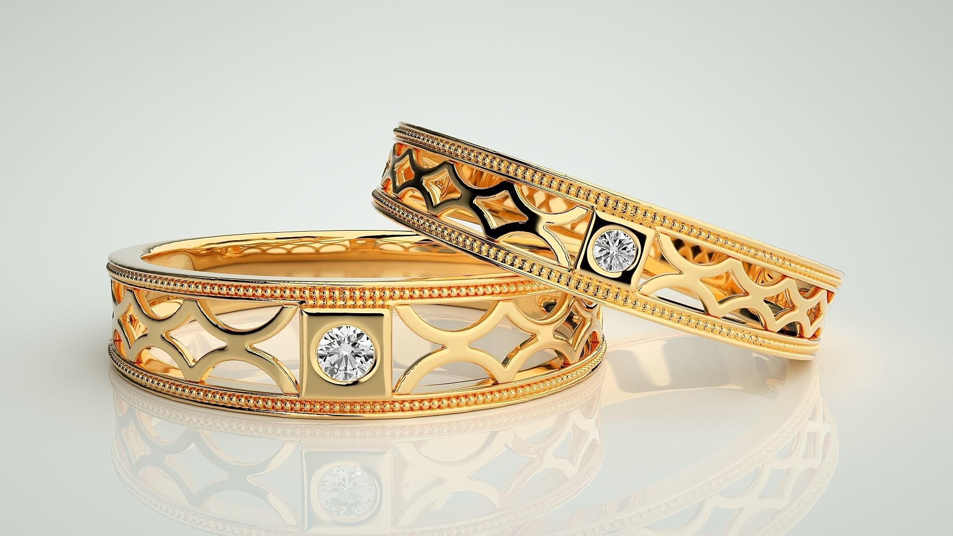 Mesh  Solitaire Couple Band Ring 3dm stl render detail 3D print model_9