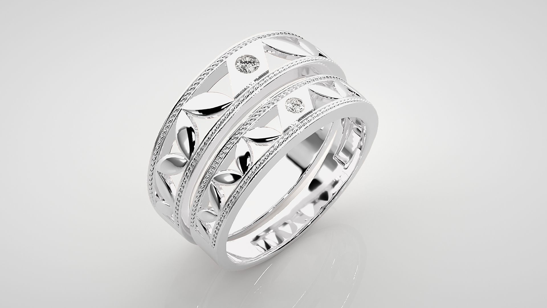 Solitaire Leaf Couple Band Ring 3dm stl render detail 3D print model_8