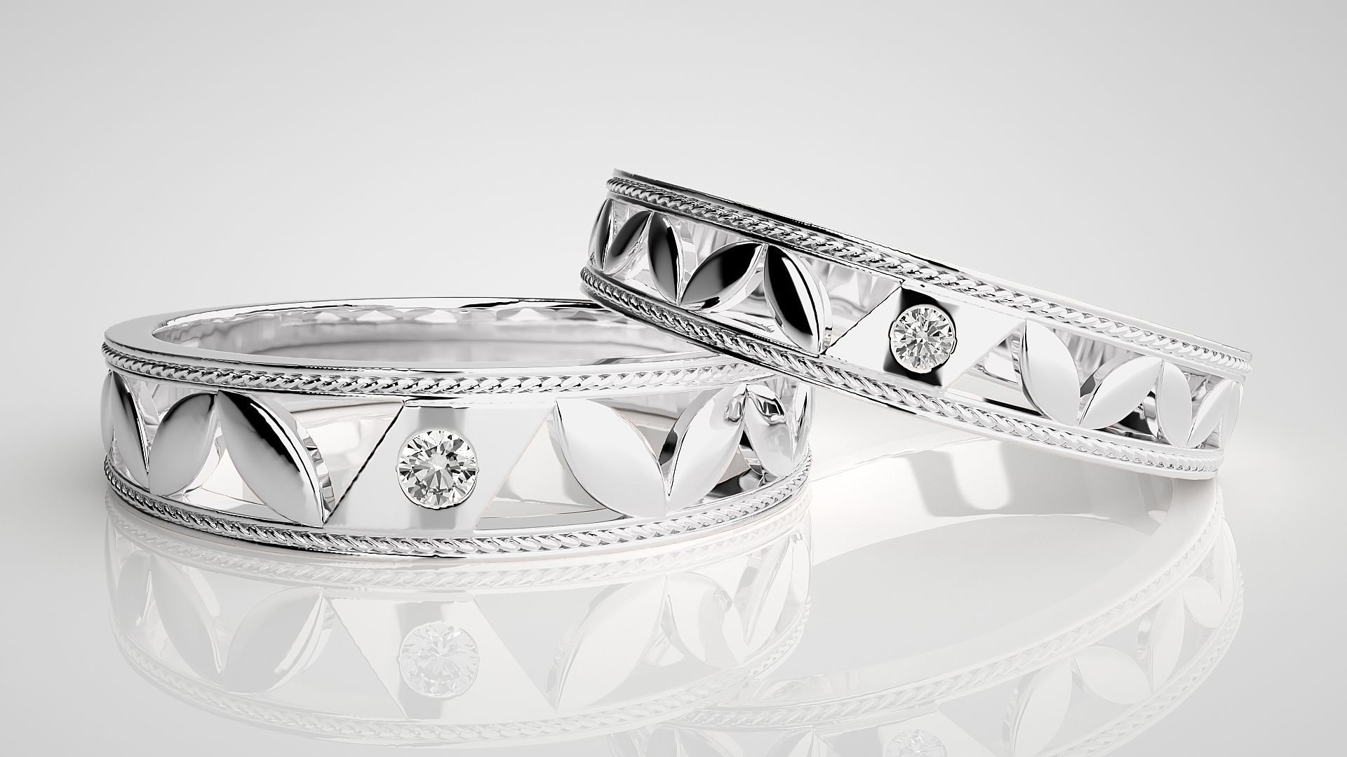 Solitaire Leaf Couple Band Ring 3dm stl render detail 3D print model_4