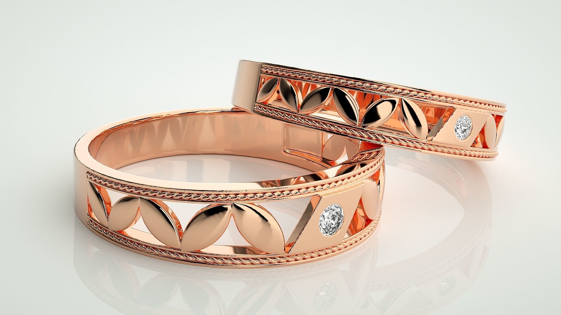 Solitaire Leaf Couple Band Ring 3dm stl render detail 3D print model_1