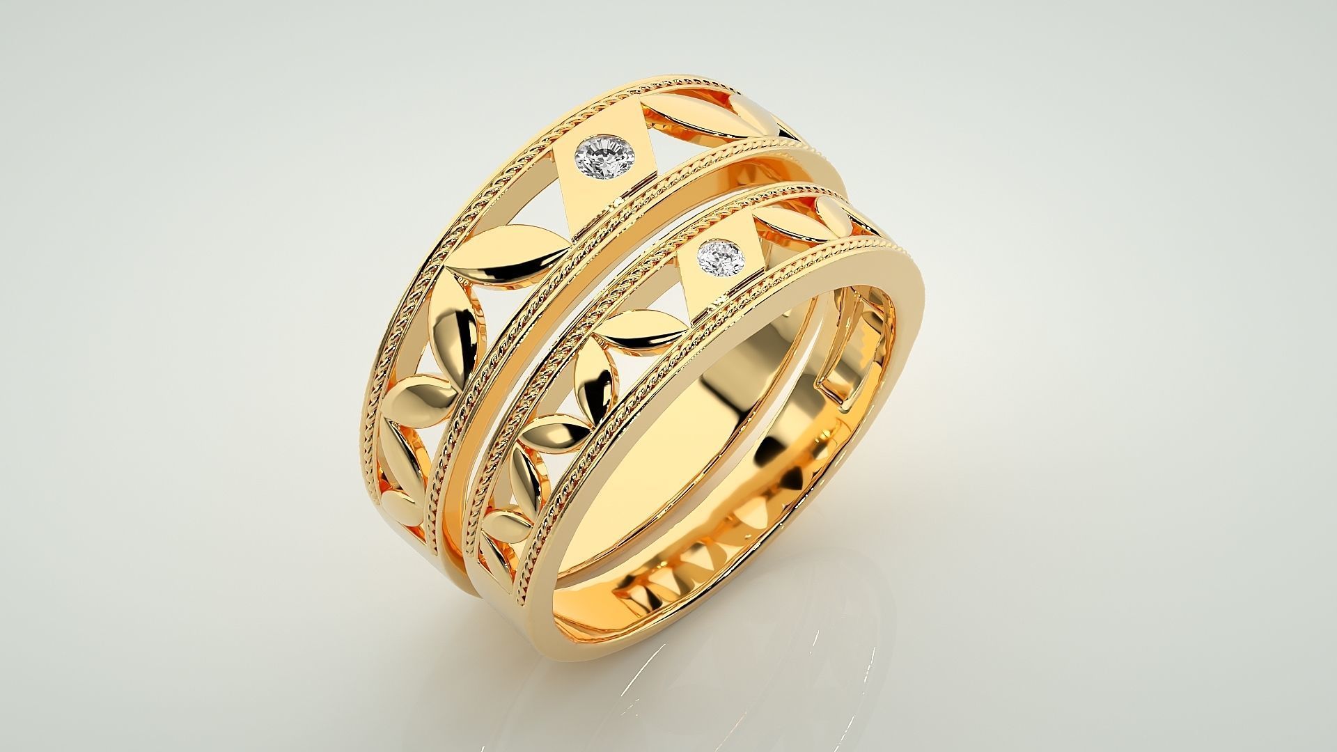 Solitaire Leaf Couple Band Ring 3dm stl render detail 3D print model_12