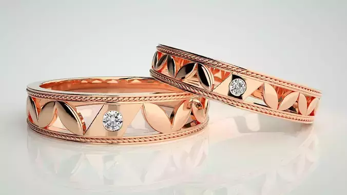 Solitaire Leaf Couple Band Ring 3dm stl render detail