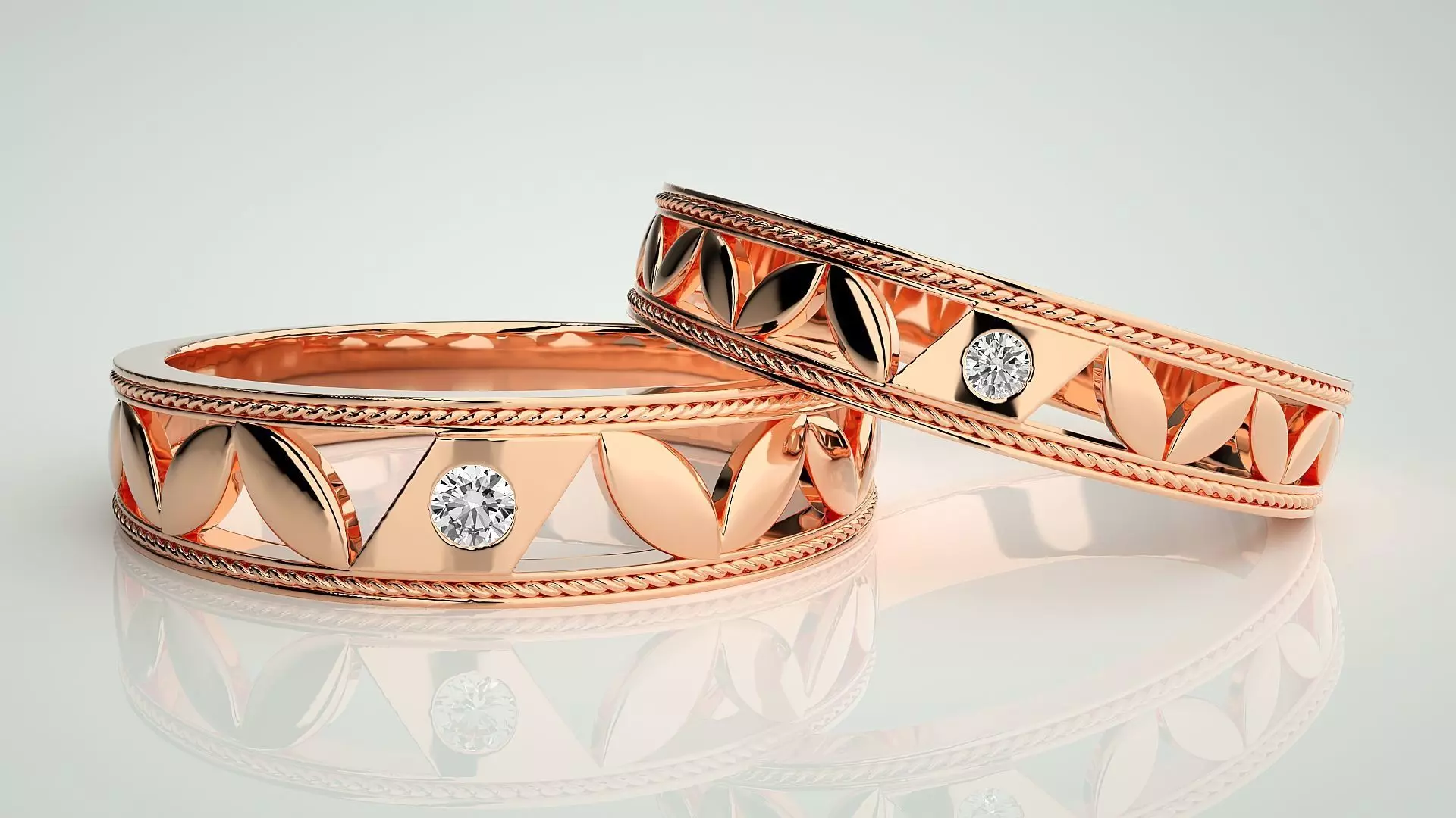 Solitaire Leaf Couple Band Ring 3dm stl render detail 3D print model_0