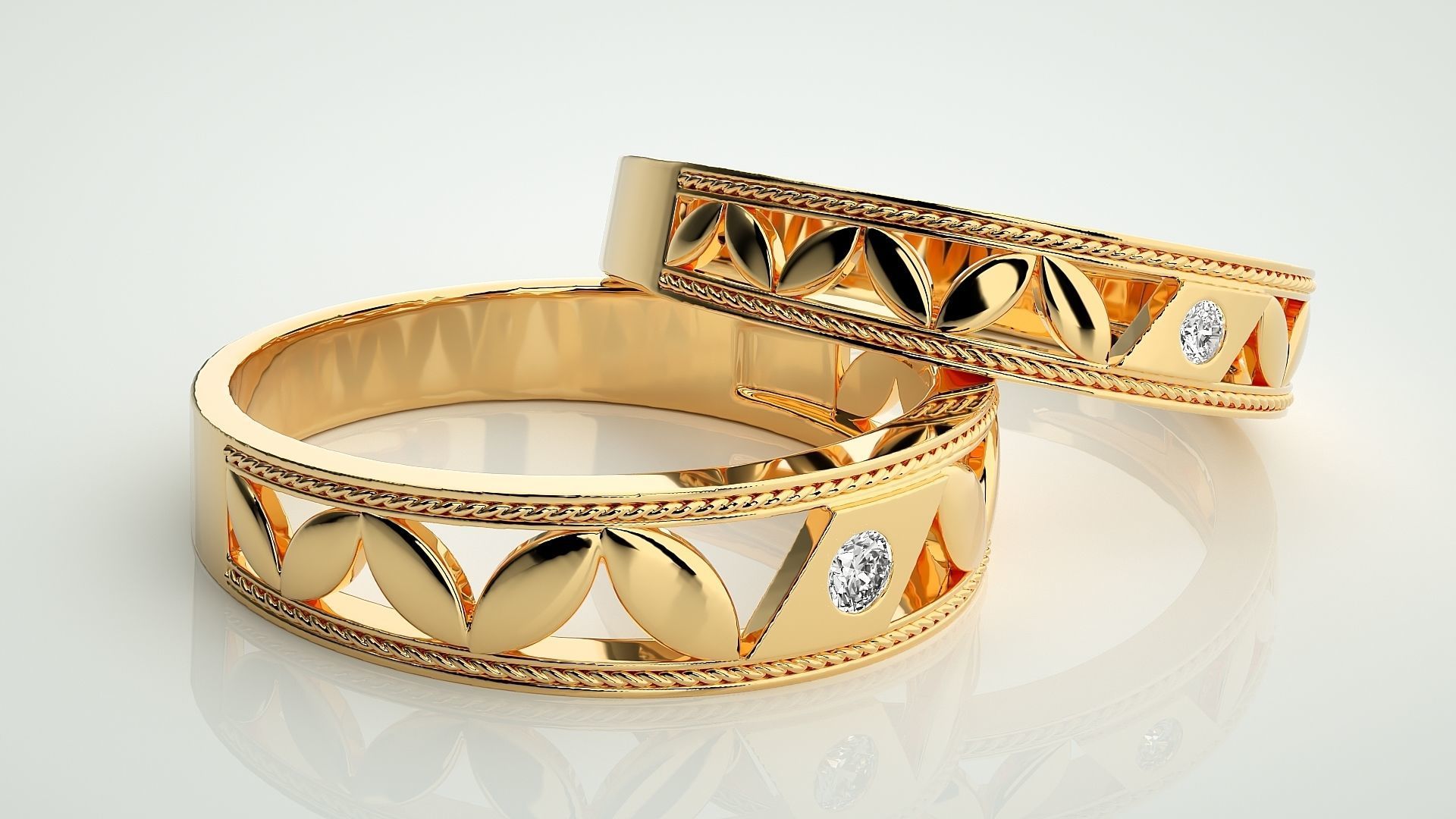 Solitaire Leaf Couple Band Ring 3dm stl render detail 3D print model_10