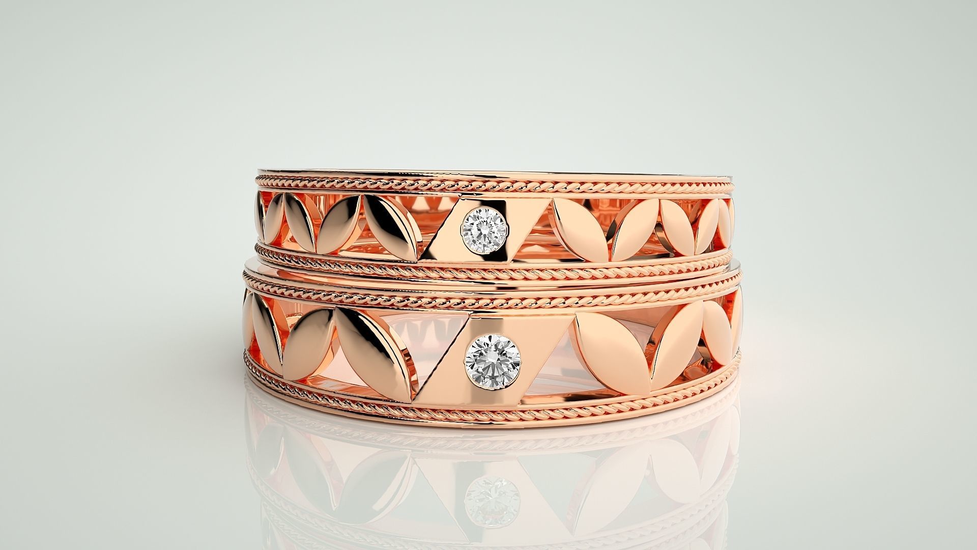 Solitaire Leaf Couple Band Ring 3dm stl render detail 3D print model_2