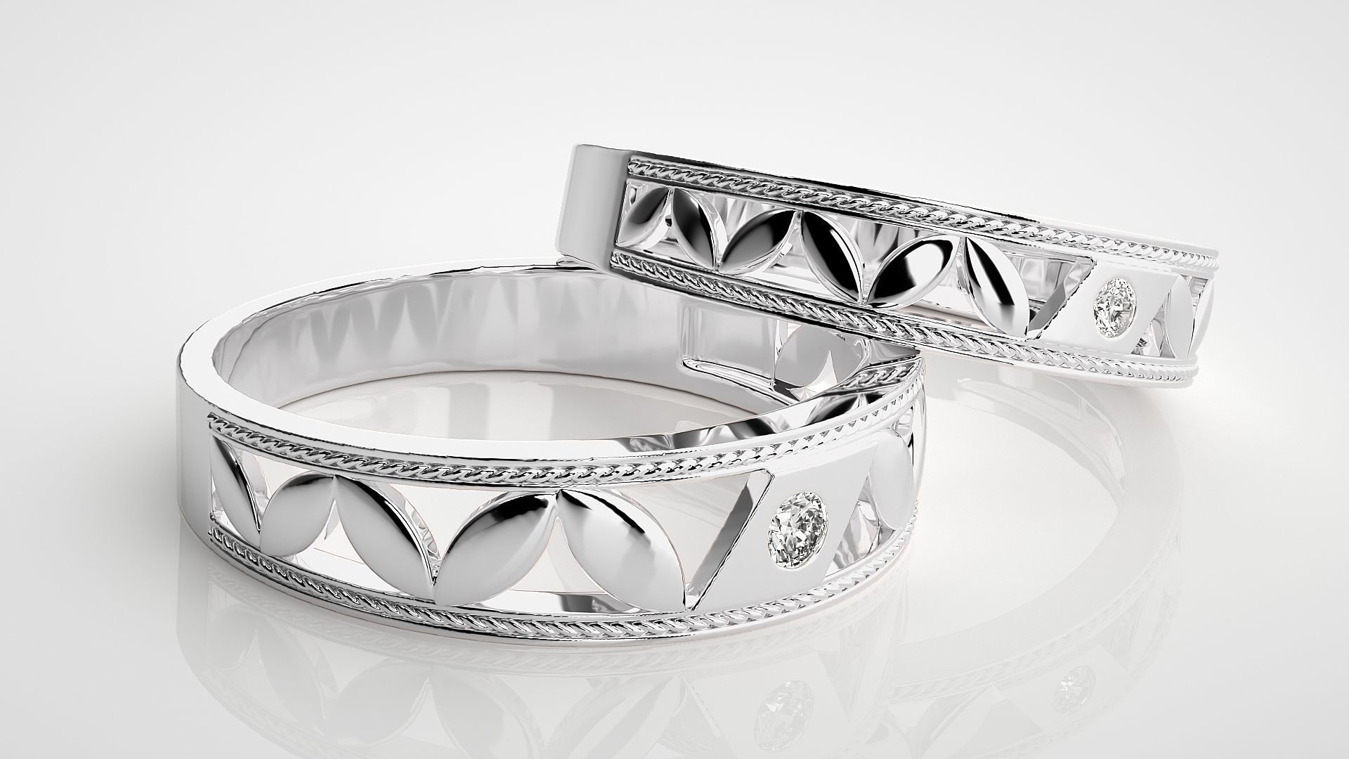Solitaire Leaf Couple Band Ring 3dm stl render detail 3D print model_5