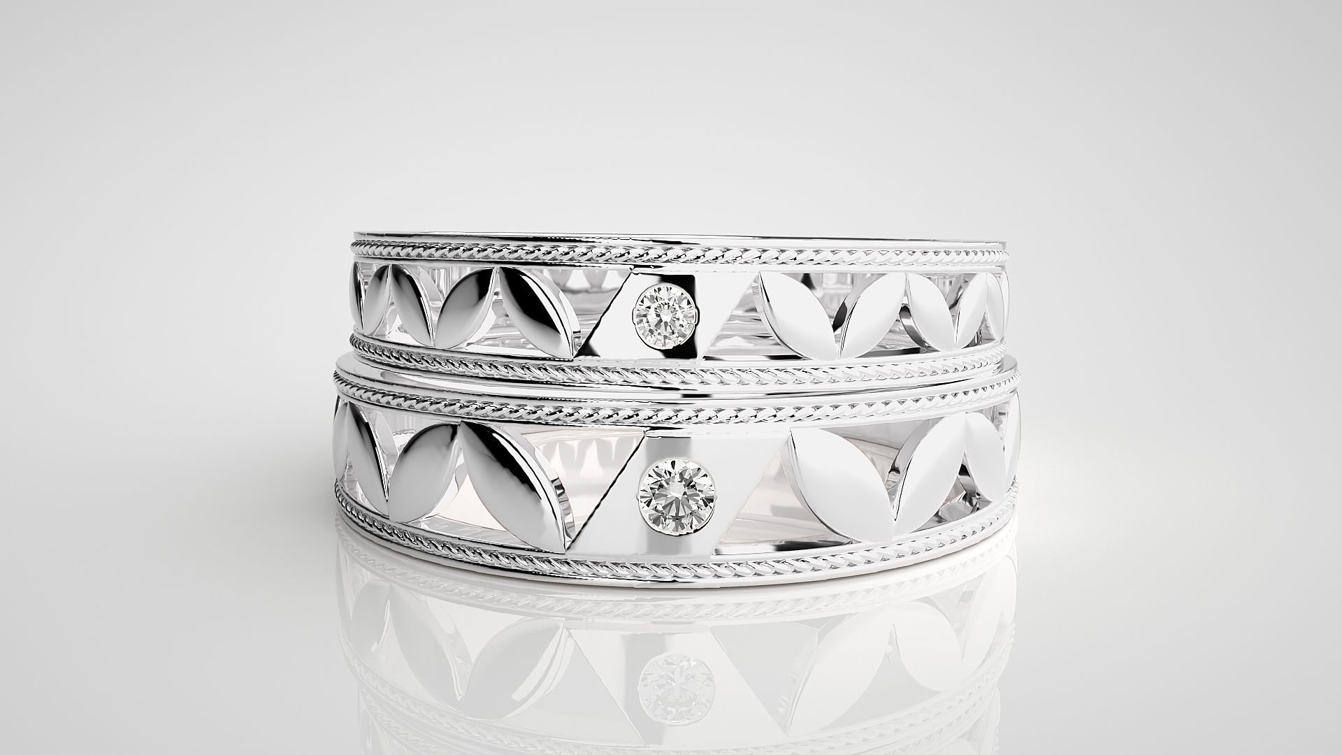 Solitaire Leaf Couple Band Ring 3dm stl render detail 3D print model_7