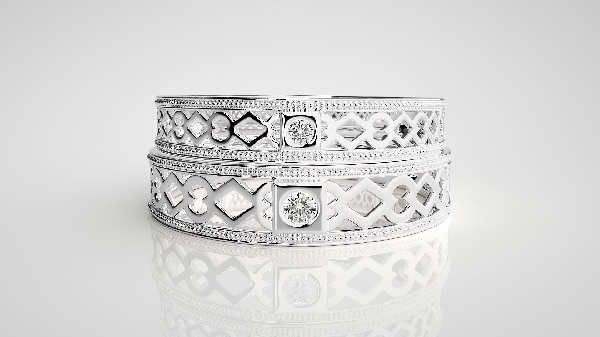 Solitaire Mesh Couple Band Ring 3dm stl render detail 3D print model_7