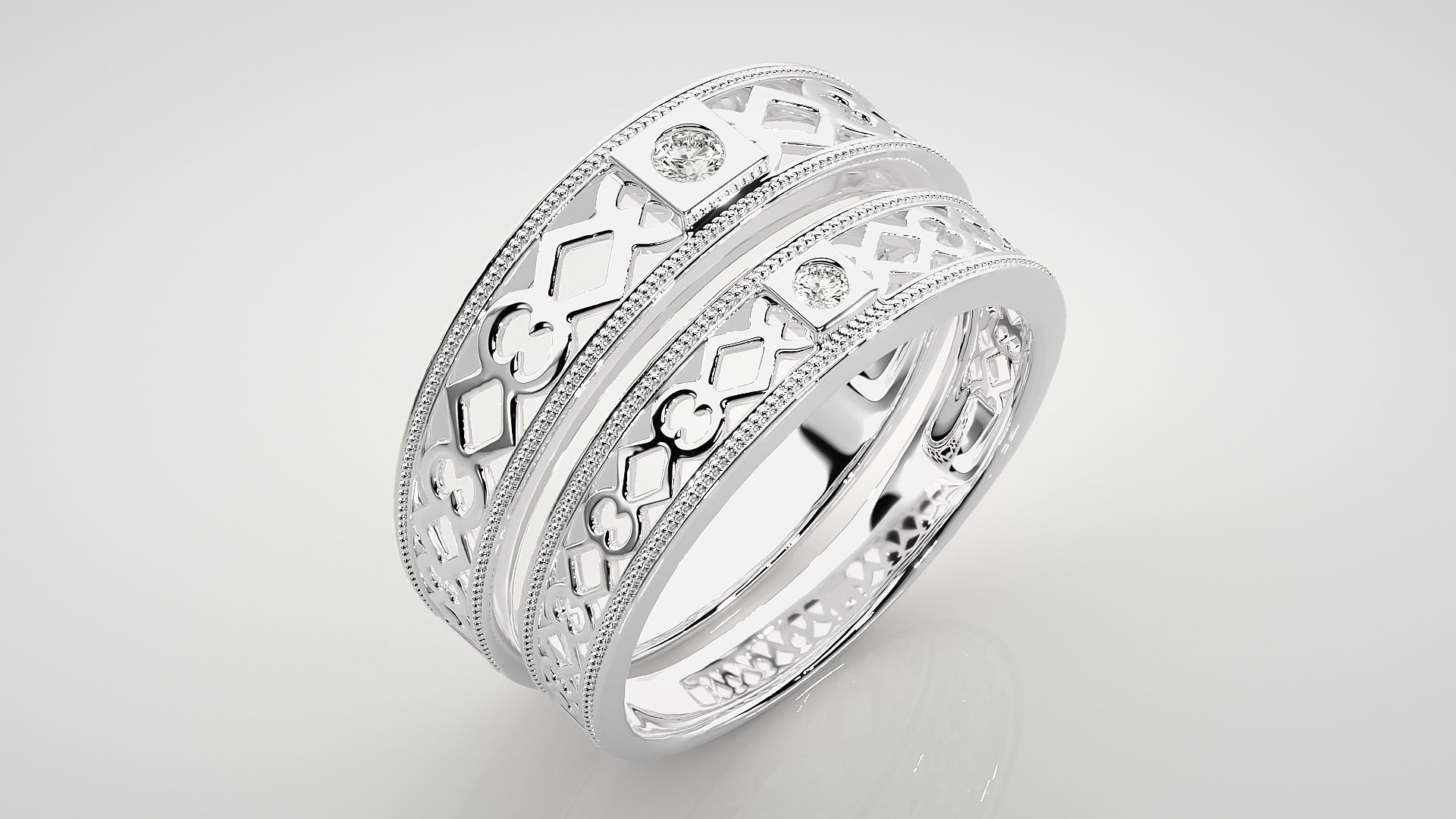 Solitaire Mesh Couple Band Ring 3dm stl render detail 3D print model_8