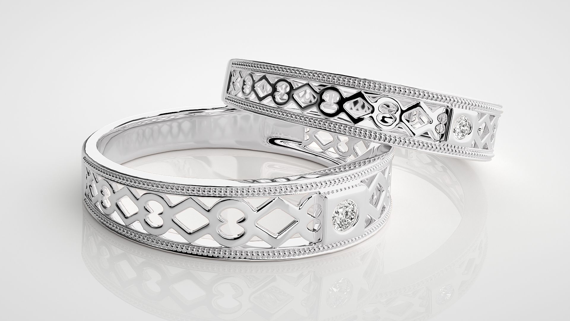 Solitaire Mesh Couple Band Ring 3dm stl render detail 3D print model_6