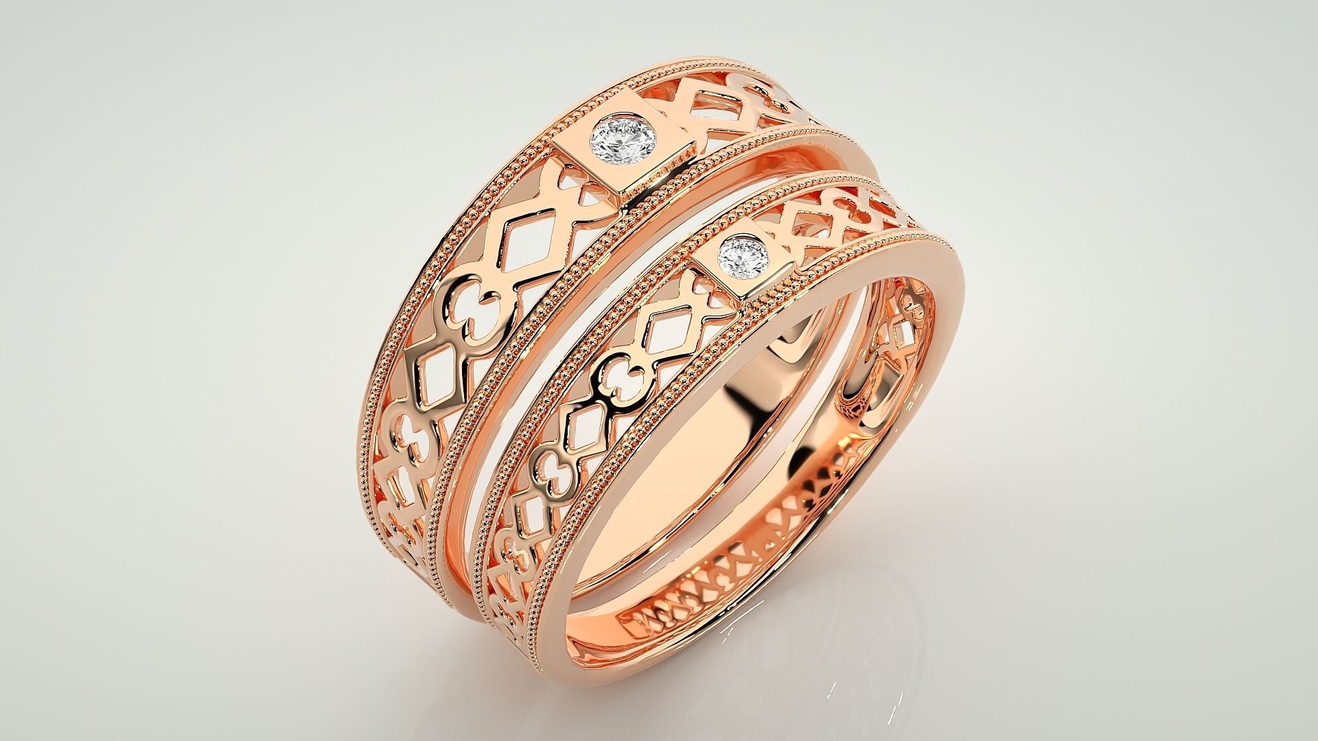 Solitaire Mesh Couple Band Ring 3dm stl render detail 3D print model_3