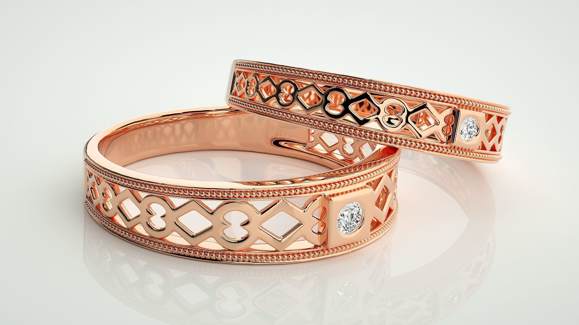 Solitaire Mesh Couple Band Ring 3dm stl render detail 3D print model_1