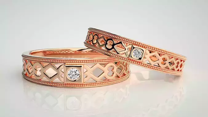 Solitaire Mesh Couple Band Ring 3dm stl render detail