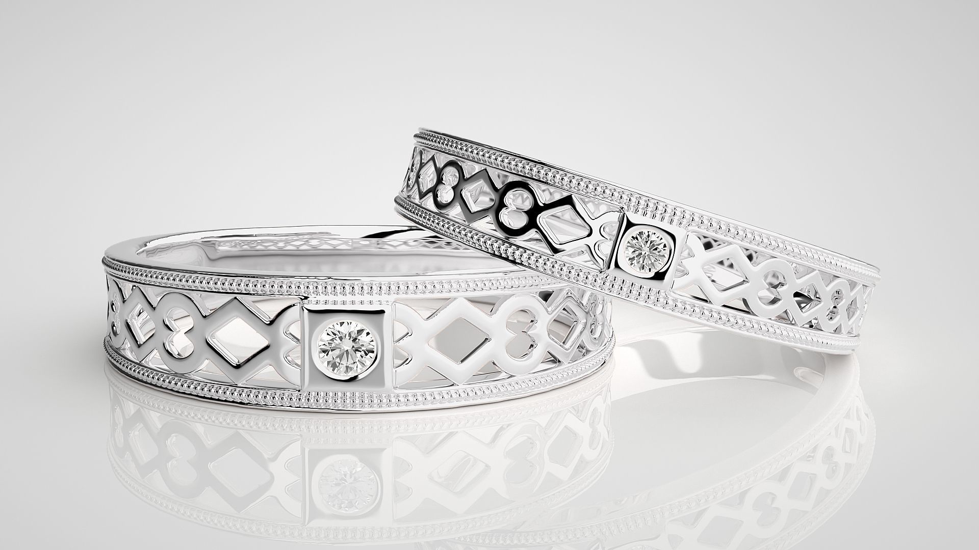 Solitaire Mesh Couple Band Ring 3dm stl render detail 3D print model_5