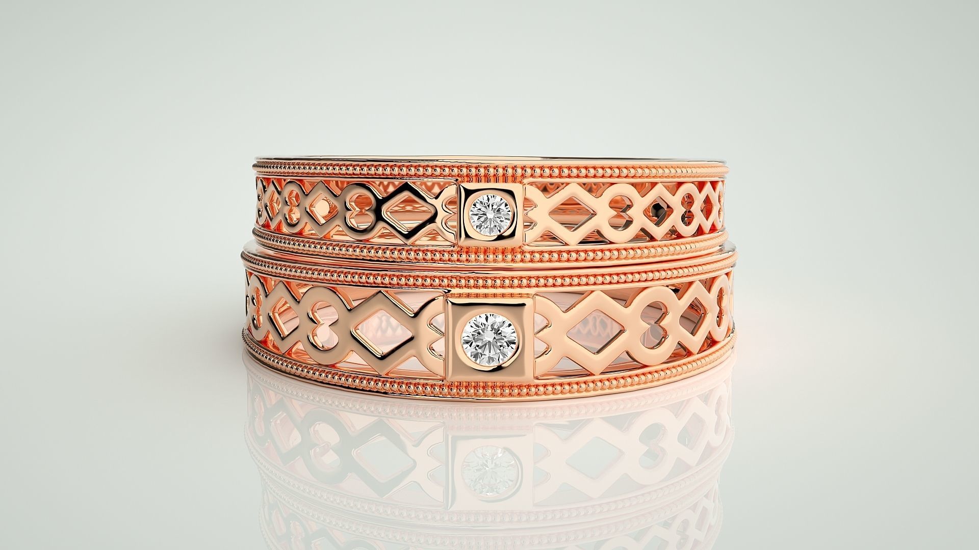 Solitaire Mesh Couple Band Ring 3dm stl render detail 3D print model_2