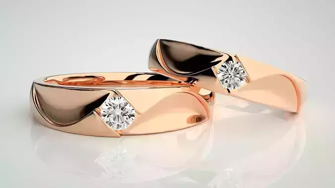 Solitaire Couple Band Ring 3dm stl render detail