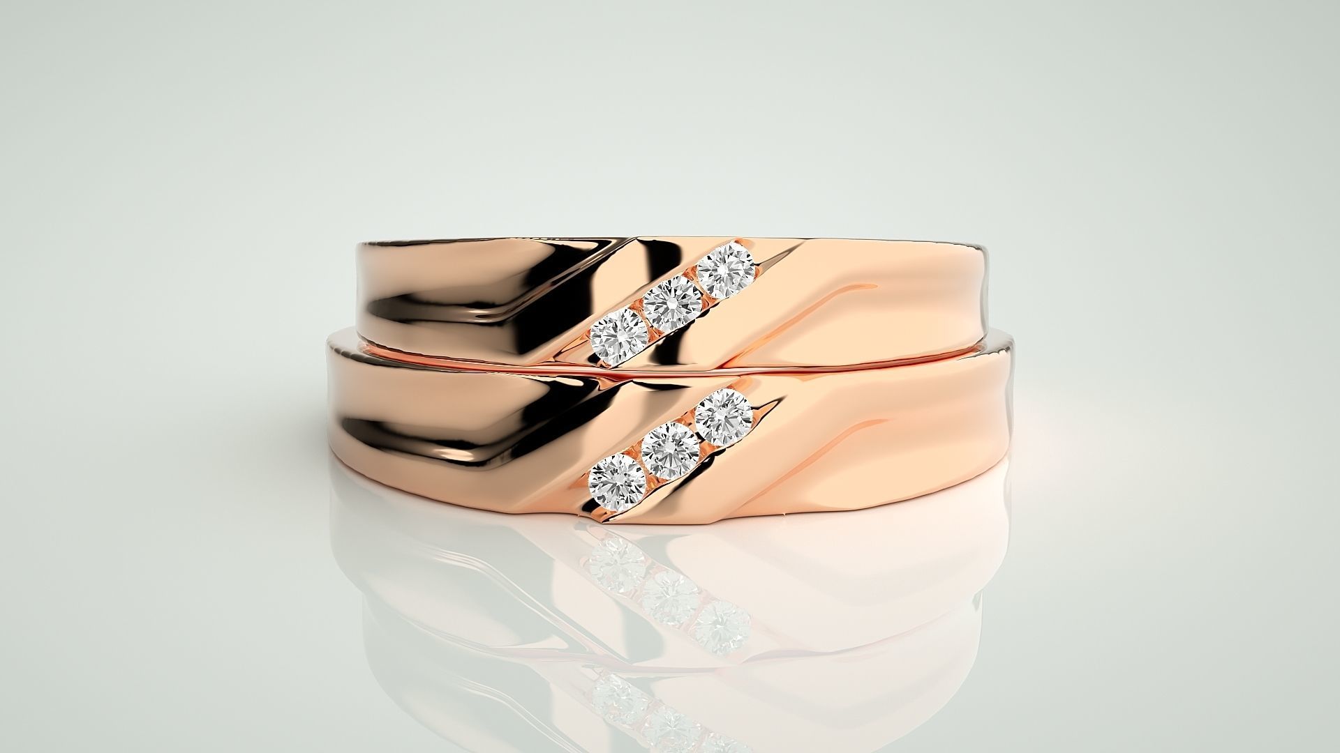 Tri-Diamond Couple Band Ring 3dm stl render detail 3D print model_2