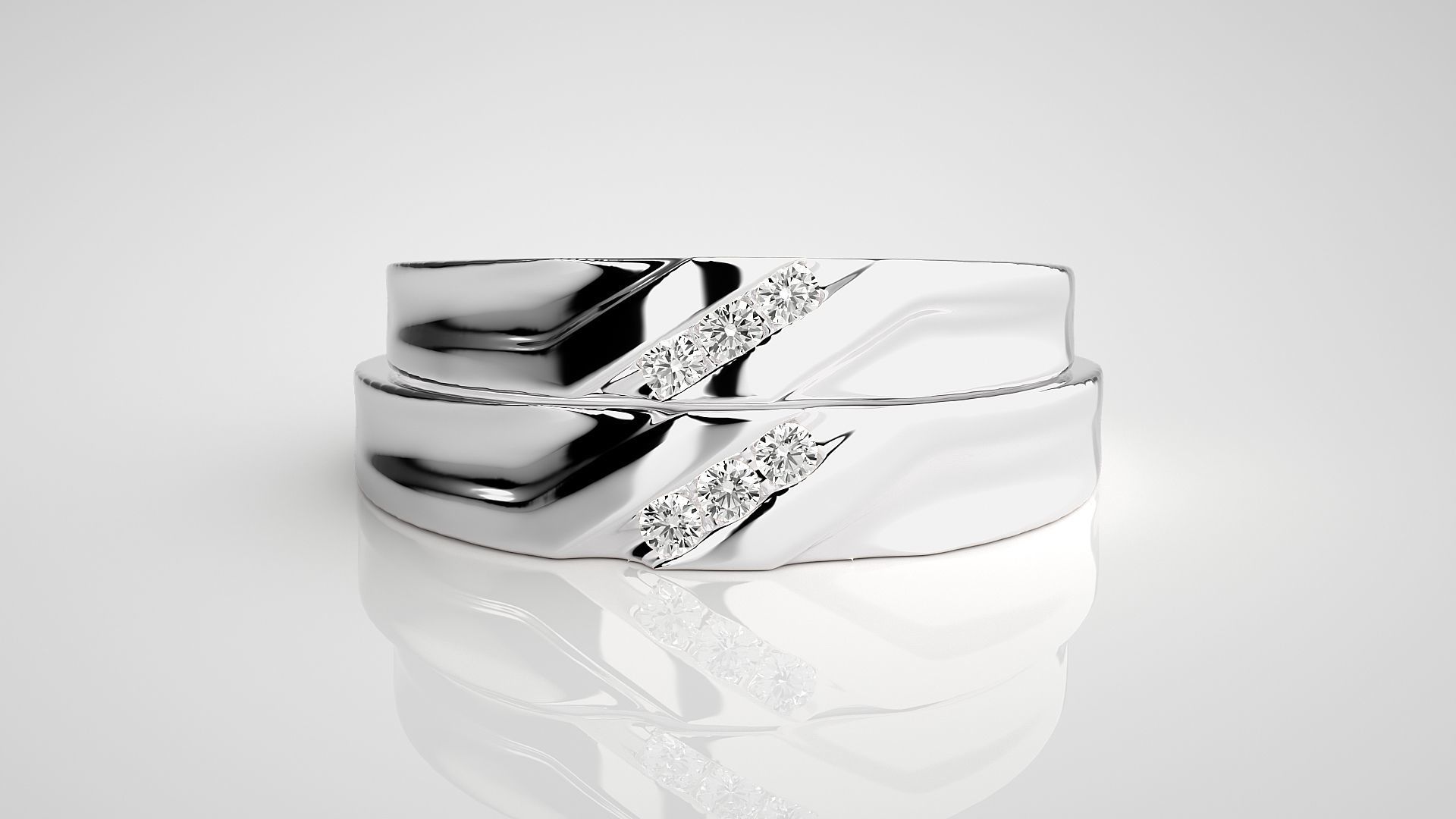 Tri-Diamond Couple Band Ring 3dm stl render detail 3D print model_6