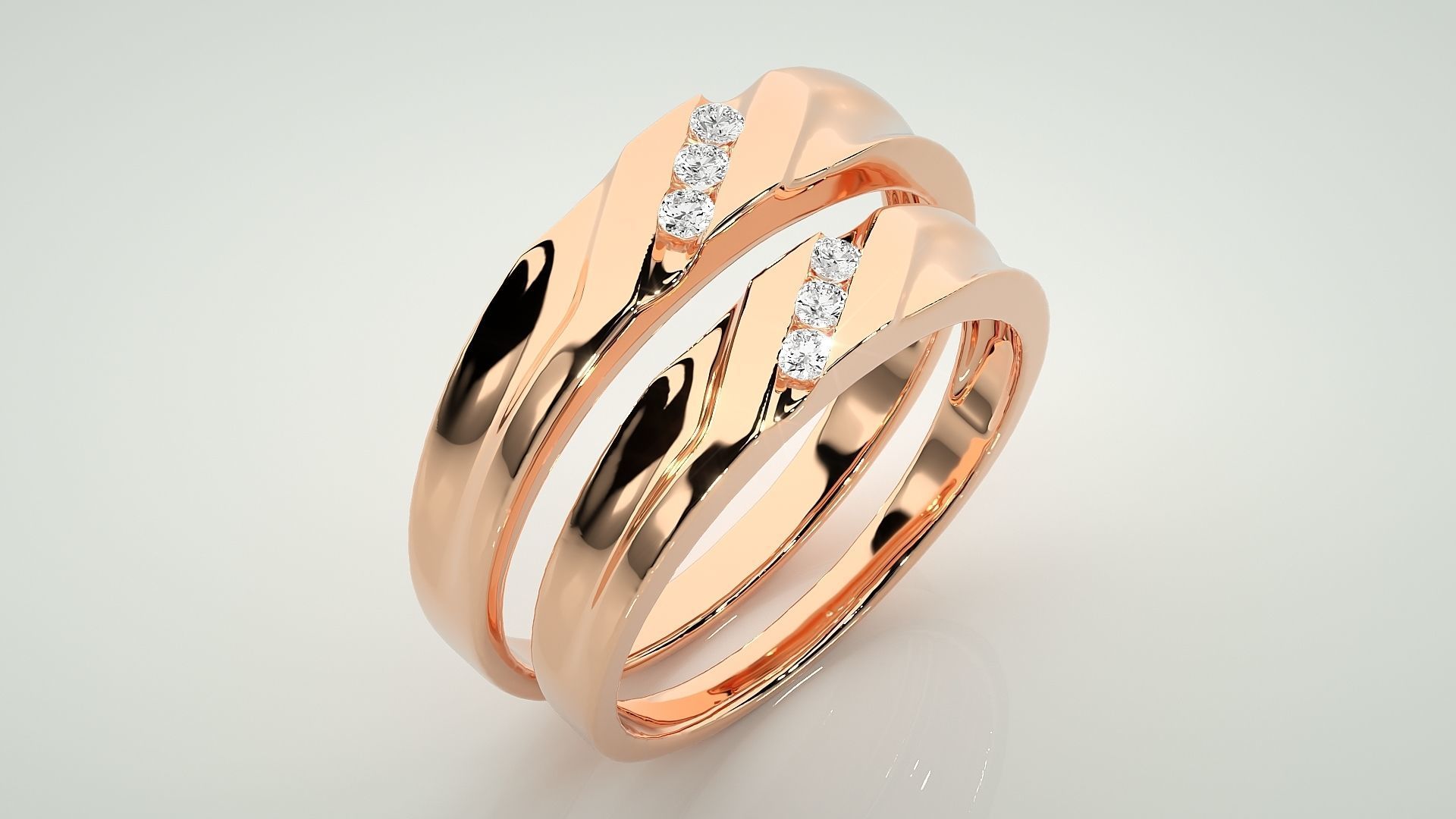 Tri-Diamond Couple Band Ring 3dm stl render detail 3D print model_3