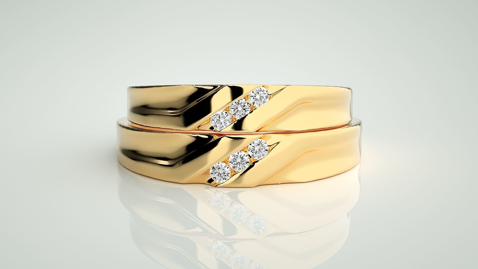Tri-Diamond Couple Band Ring 3dm stl render detail 3D print model_10