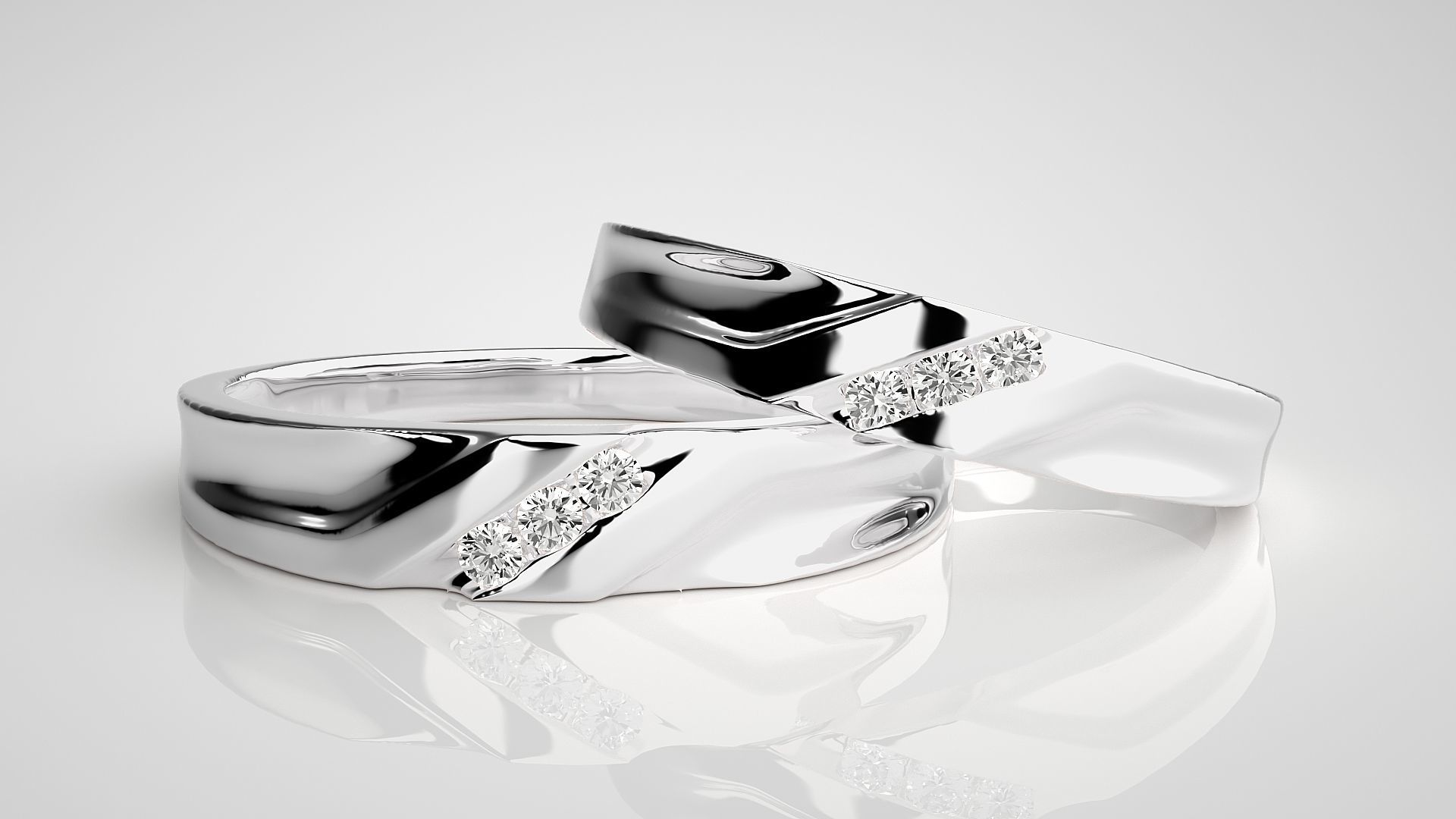 Tri-Diamond Couple Band Ring 3dm stl render detail 3D print model_4