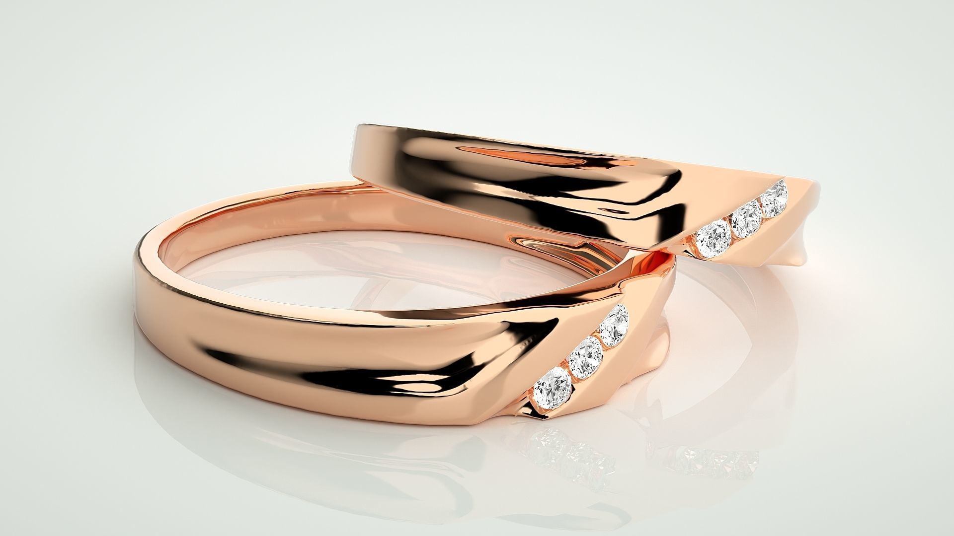 Tri-Diamond Couple Band Ring 3dm stl render detail 3D print model_1