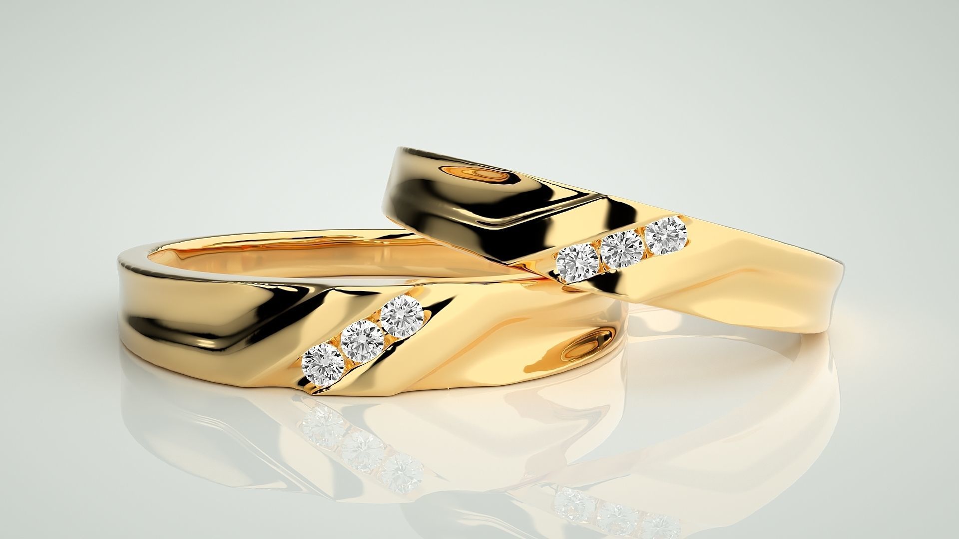 Tri-Diamond Couple Band Ring 3dm stl render detail 3D print model_8