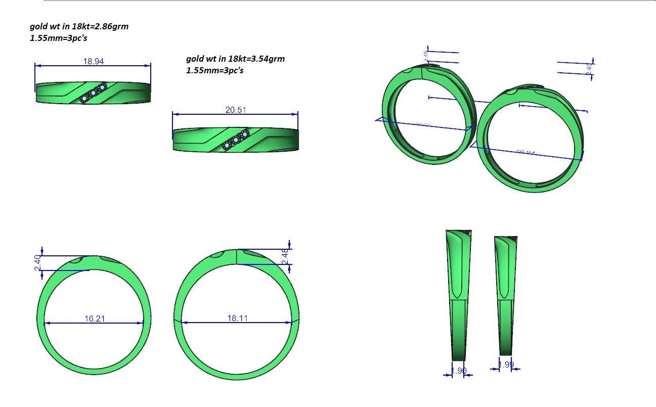 Tri-Diamond Couple Band Ring 3dm stl render detail 3D print model_12
