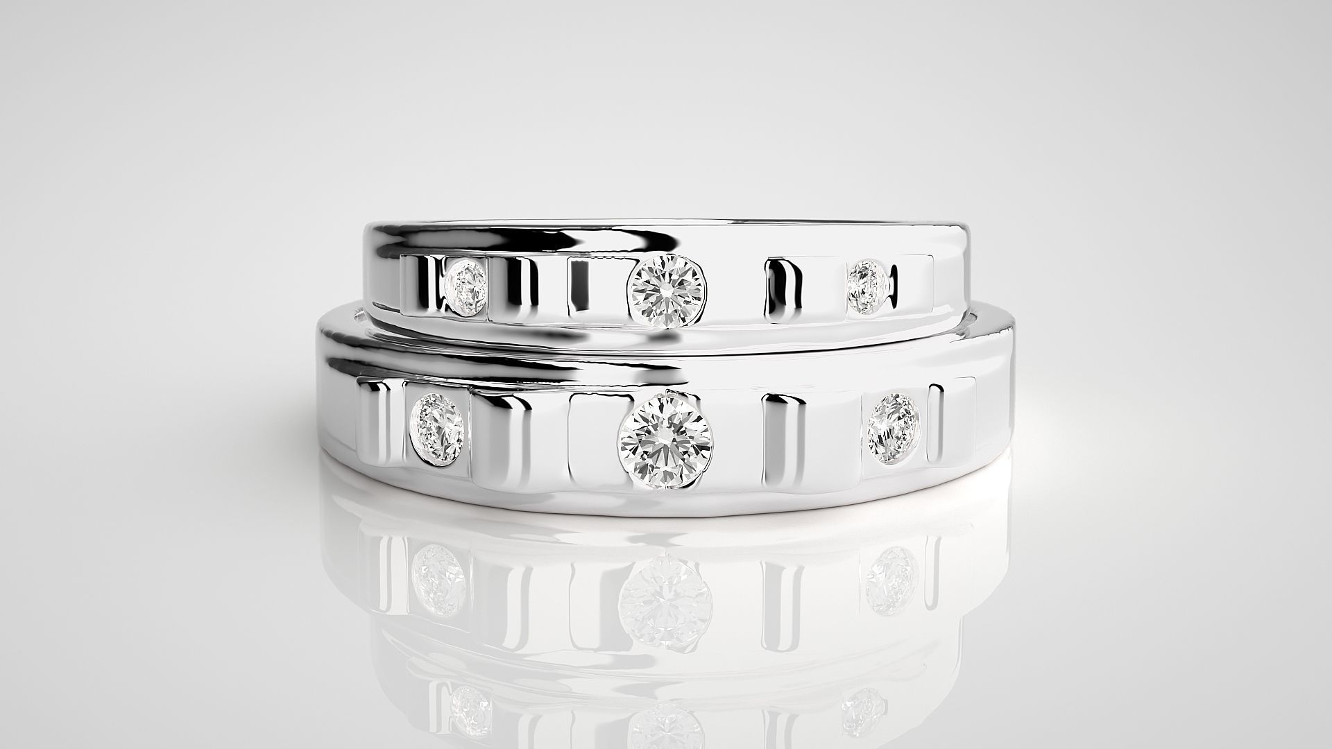 Tri-Diamond Solitaire Couple Band Ring 3dm stl render detail 3D print model_6