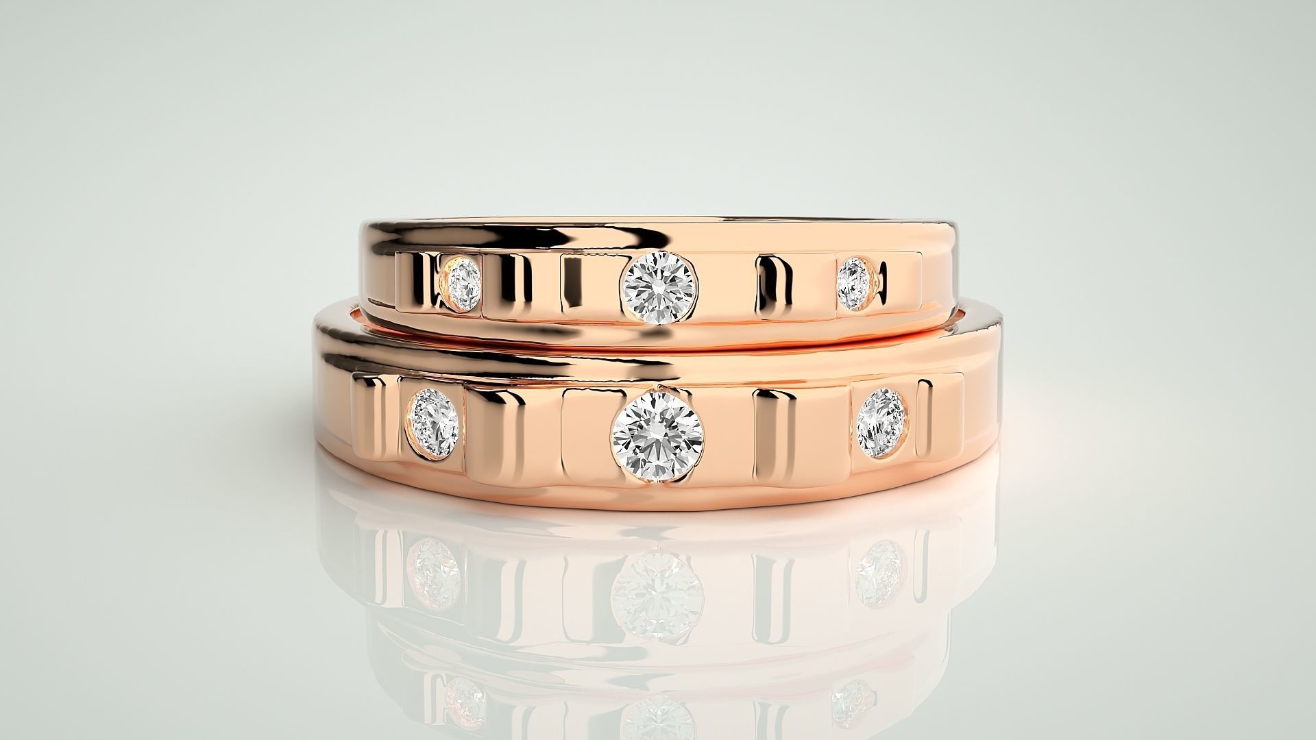 Tri-Diamond Solitaire Couple Band Ring 3dm stl render detail 3D print model_2