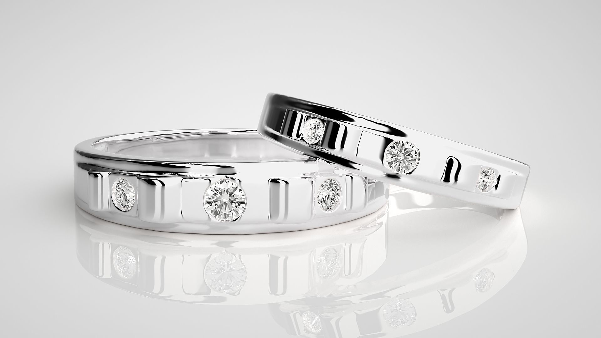 Tri-Diamond Solitaire Couple Band Ring 3dm stl render detail 3D print model_4