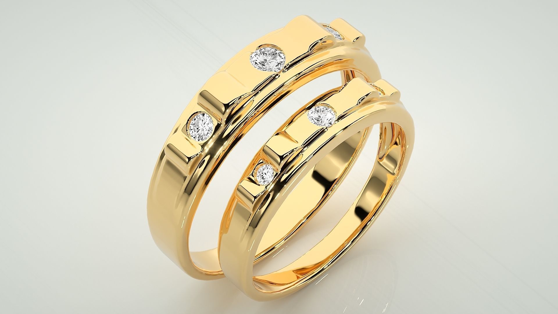Tri-Diamond Solitaire Couple Band Ring 3dm stl render detail 3D print model_11