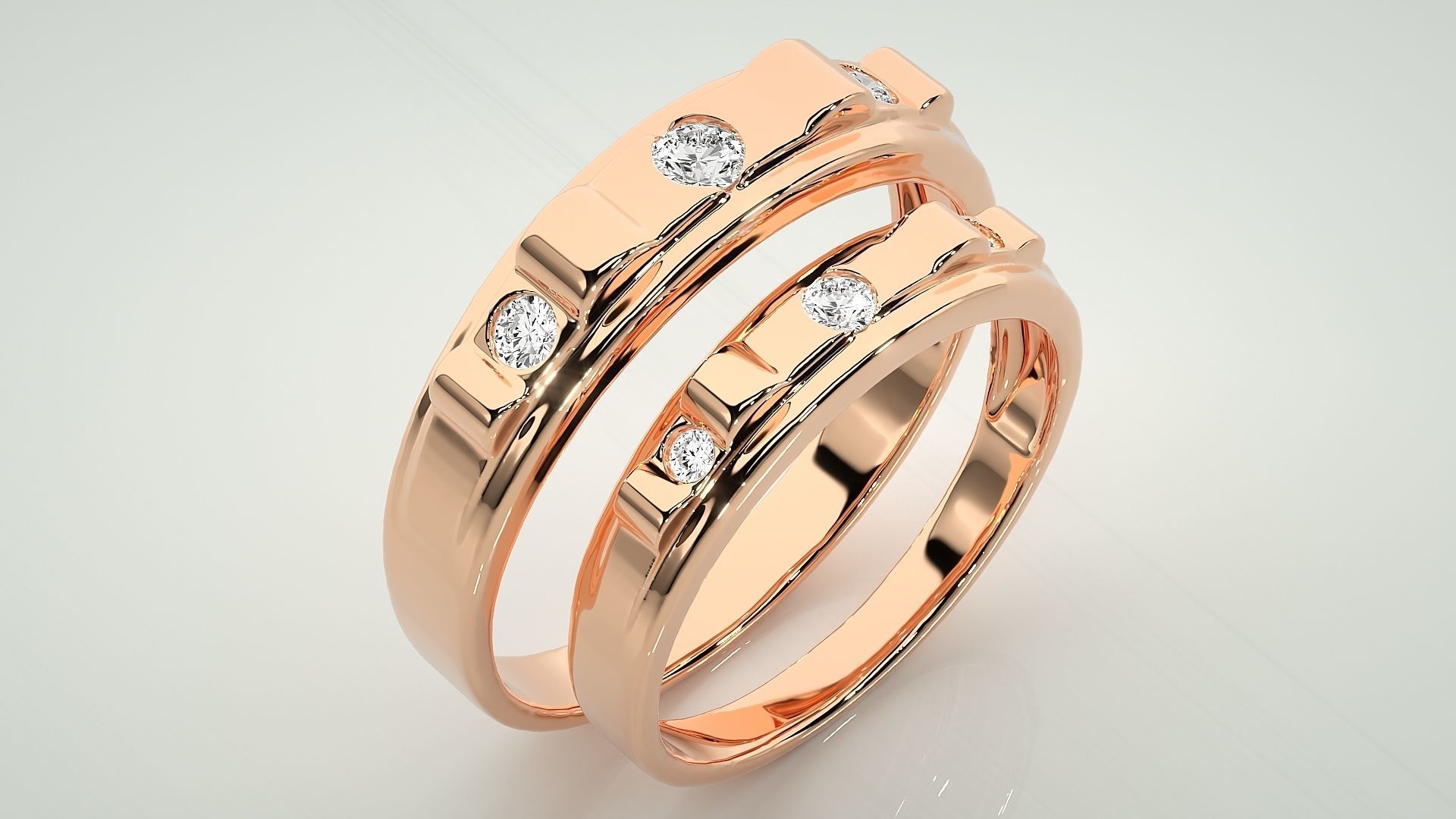 Tri-Diamond Solitaire Couple Band Ring 3dm stl render detail 3D print model_3