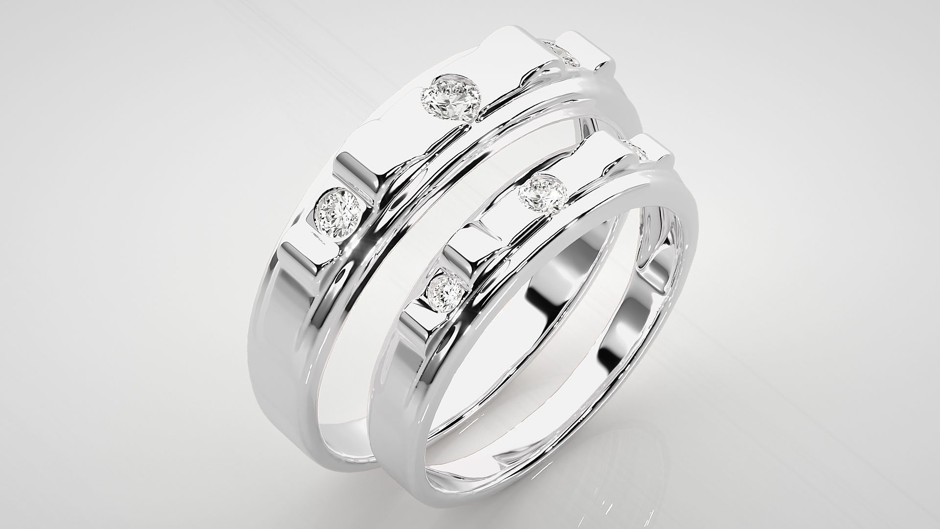 Tri-Diamond Solitaire Couple Band Ring 3dm stl render detail 3D print model_7