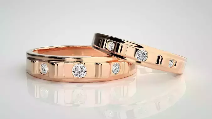 Tri-Diamond Solitaire Couple Band Ring 3dm stl render detail 3D print model