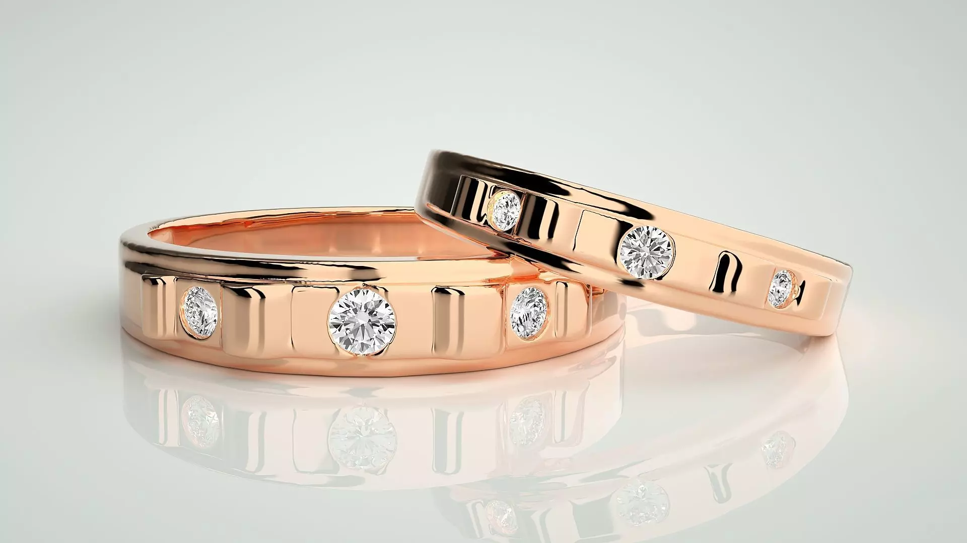 Tri-Diamond Solitaire Couple Band Ring 3dm stl render detail 3D print model_0