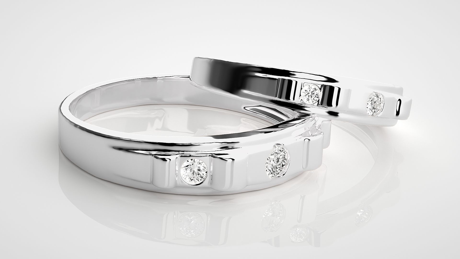 Tri-Diamond Solitaire Couple Band Ring 3dm stl render detail 3D print model_5