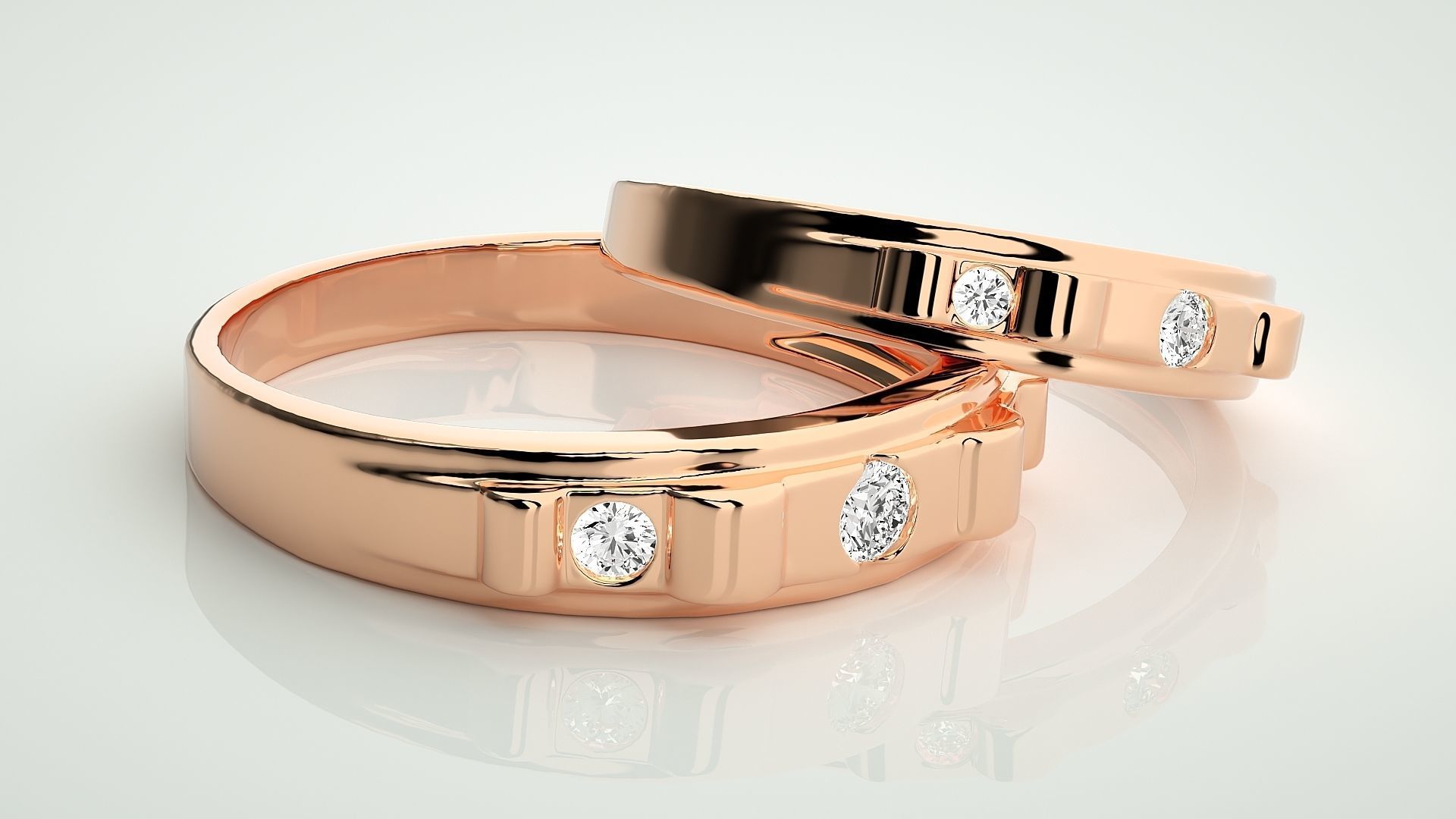Tri-Diamond Solitaire Couple Band Ring 3dm stl render detail 3D print model_1