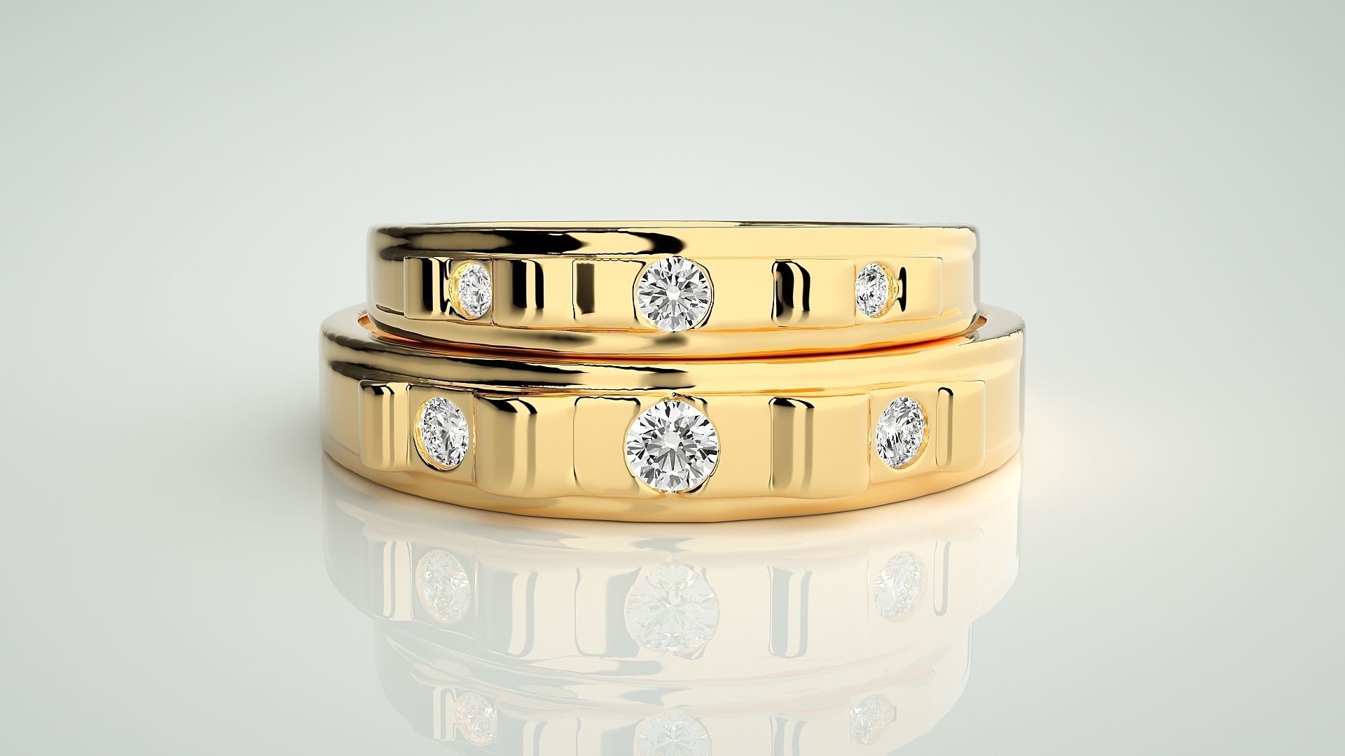 Tri-Diamond Solitaire Couple Band Ring 3dm stl render detail 3D print model_10