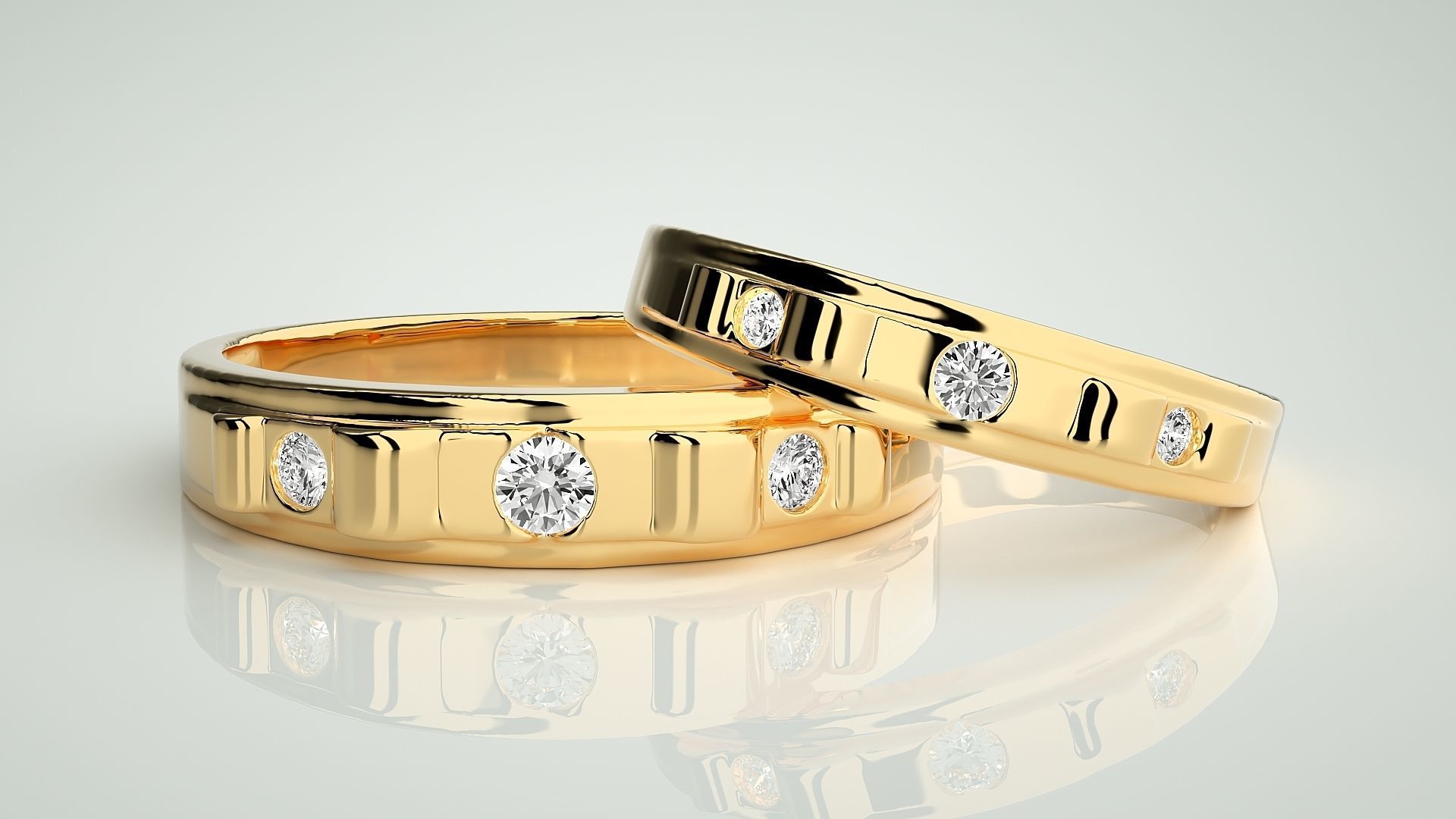 Tri-Diamond Solitaire Couple Band Ring 3dm stl render detail 3D print model_8
