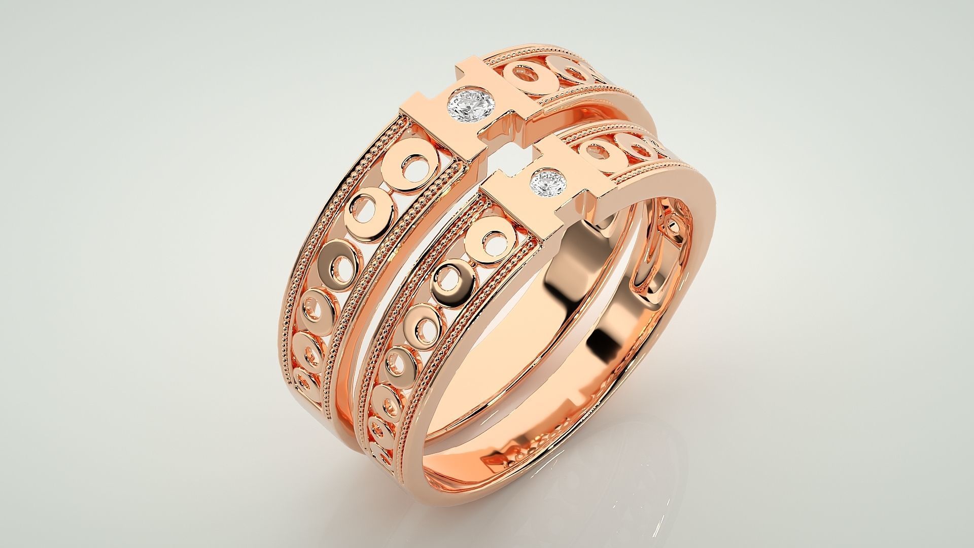 Moon Phases Solitaire Couple Band Ring 3dm stl render detail 3D print model_3