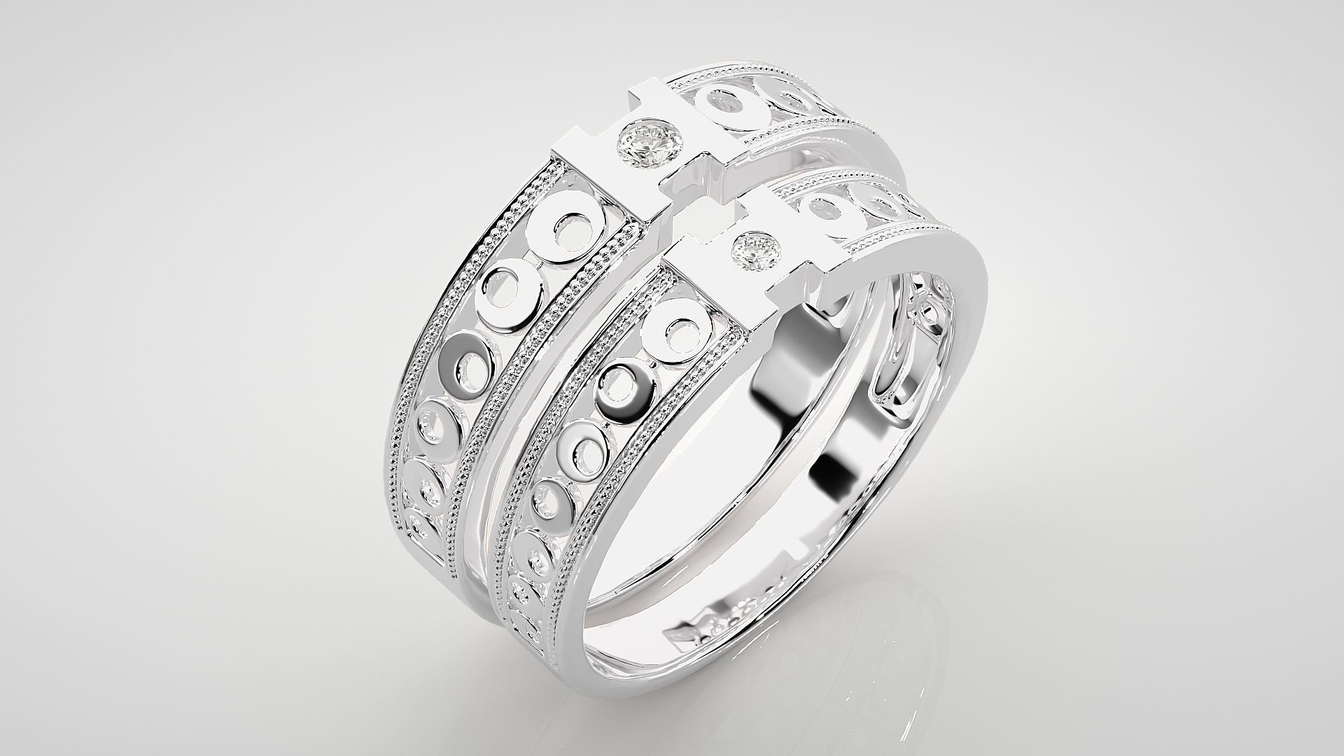 Moon Phases Solitaire Couple Band Ring 3dm stl render detail 3D print model_7