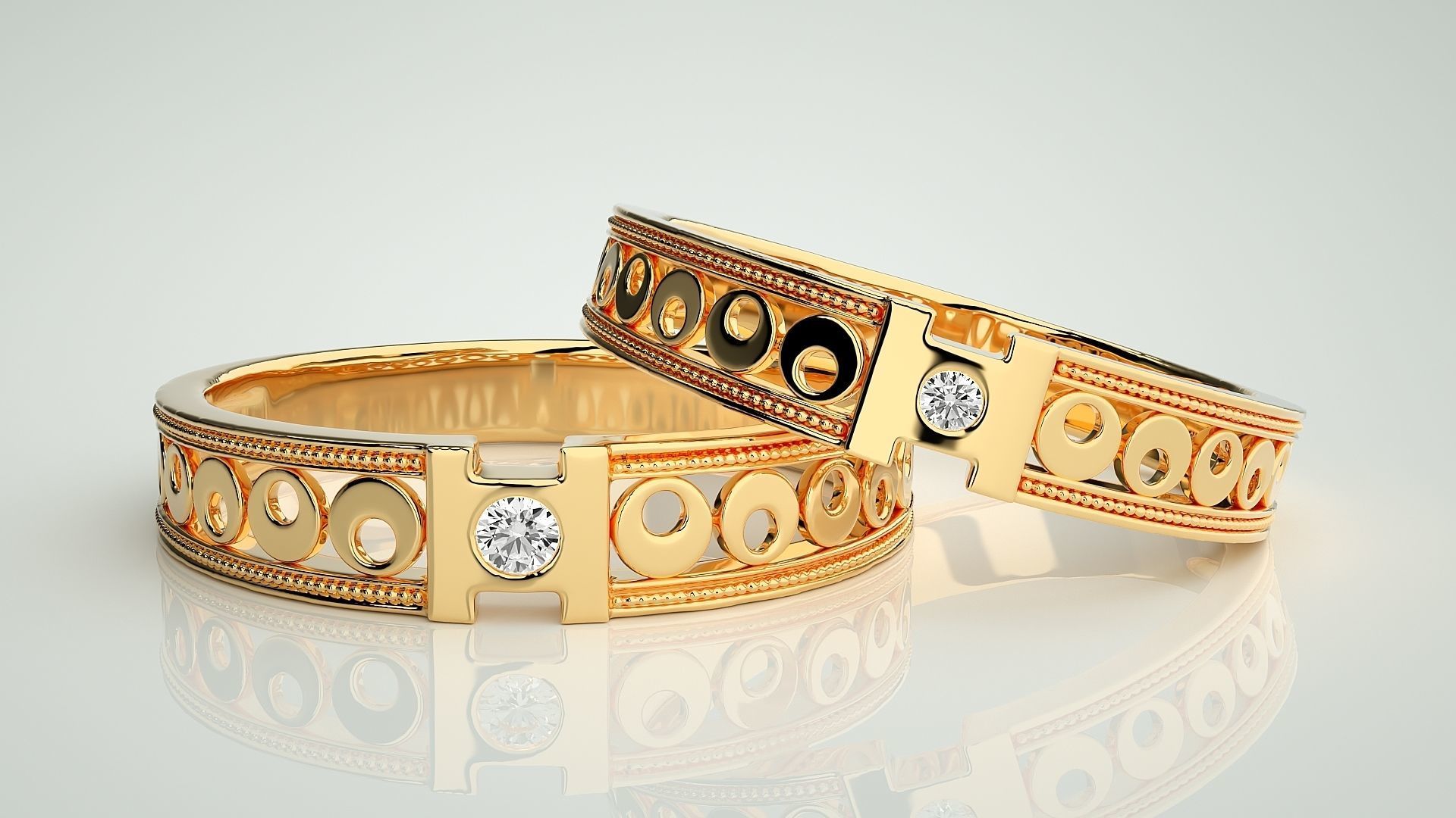 Moon Phases Solitaire Couple Band Ring 3dm stl render detail 3D print model_8