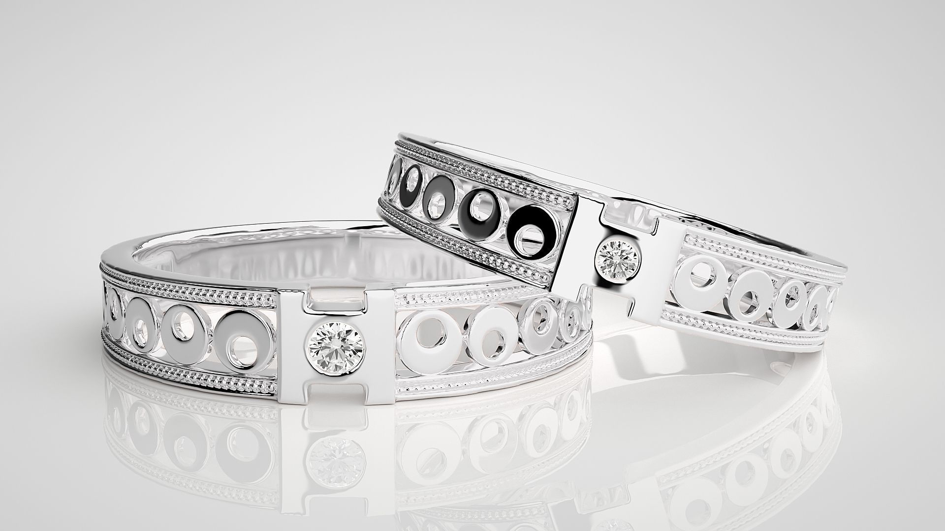 Moon Phases Solitaire Couple Band Ring 3dm stl render detail 3D print model_4
