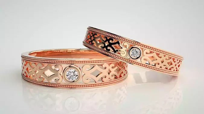 Solitaire Couple Band Ring 3dm stl render detail