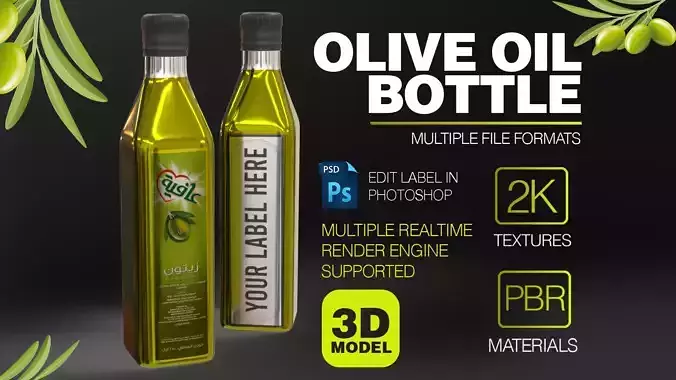 Olive Bottle with Editable Label Low-poly 3D model