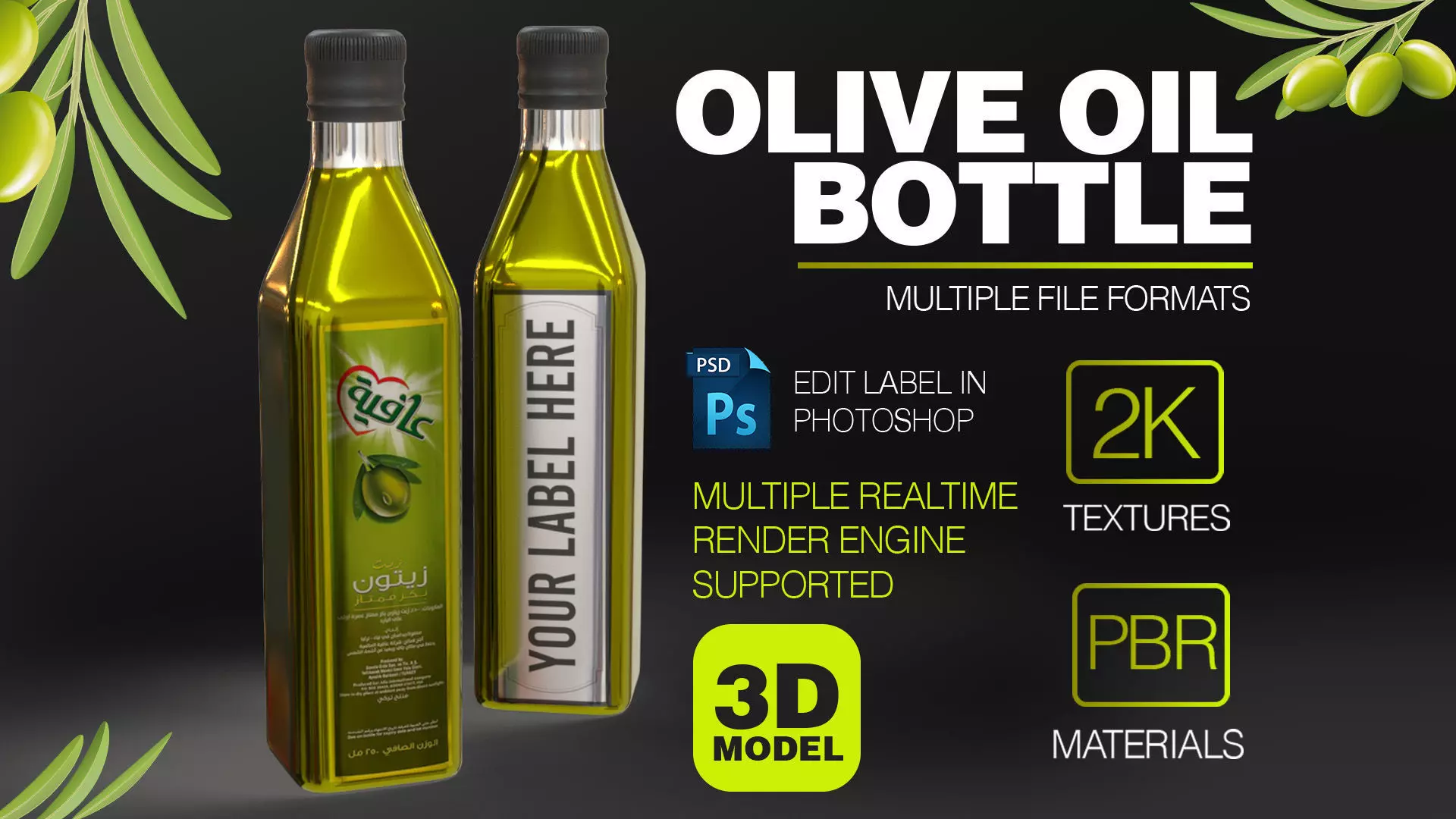 Olive Bottle with Editable Label Low-poly 3D model_0