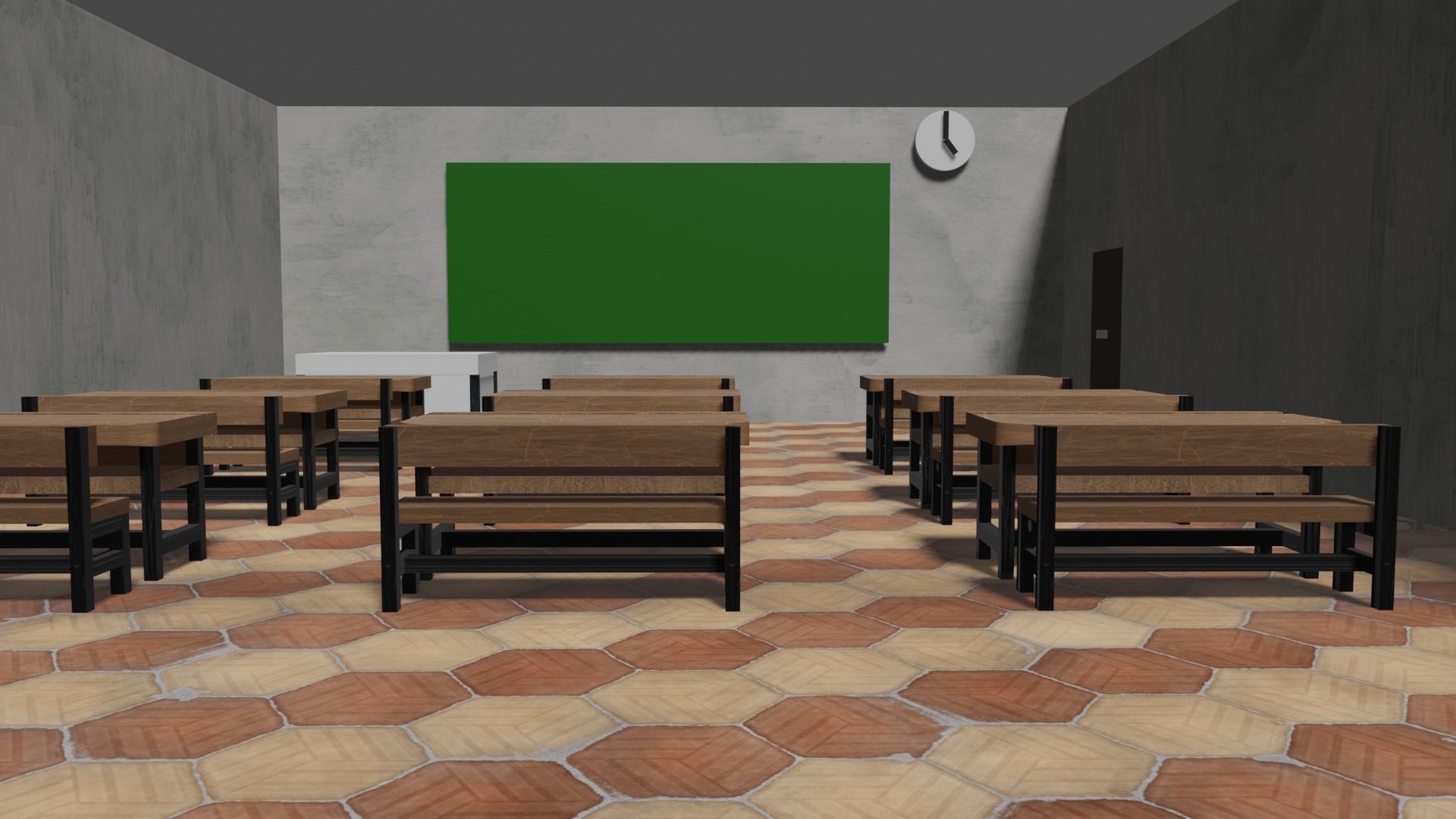 School classroom with wooden desks and chairs 3D model_1