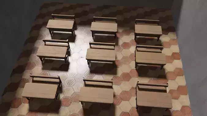 School classroom with wooden desks and chairs