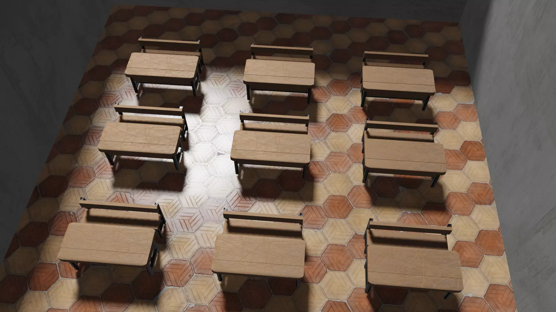 School classroom with wooden desks and chairs 3D model_0